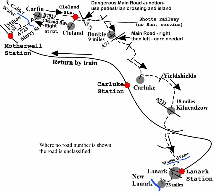 Map of Motherwell to New Lanark route